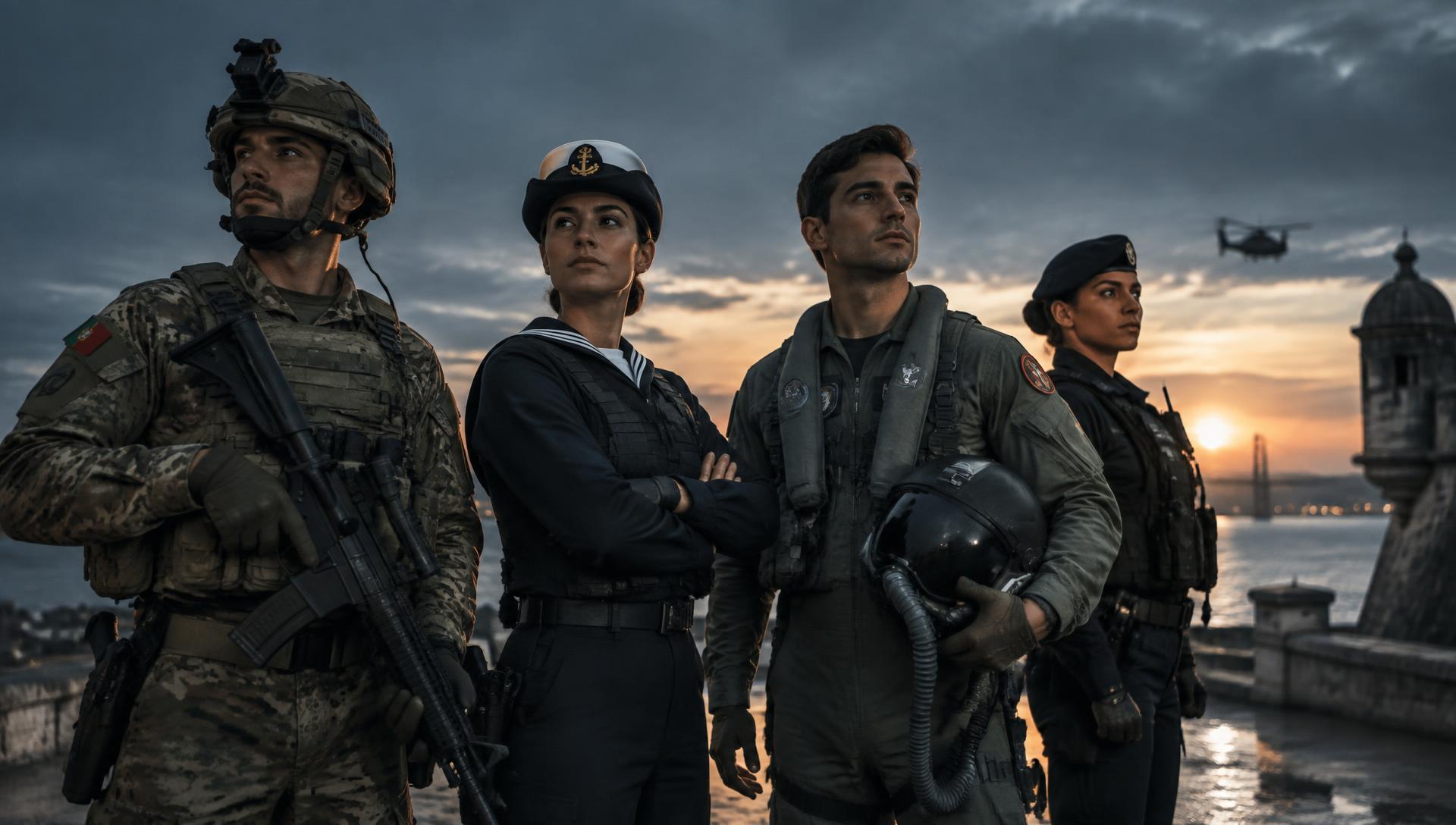 Militares dos quatro ramos das Forças de Defesa de Portugal ao anoitecer